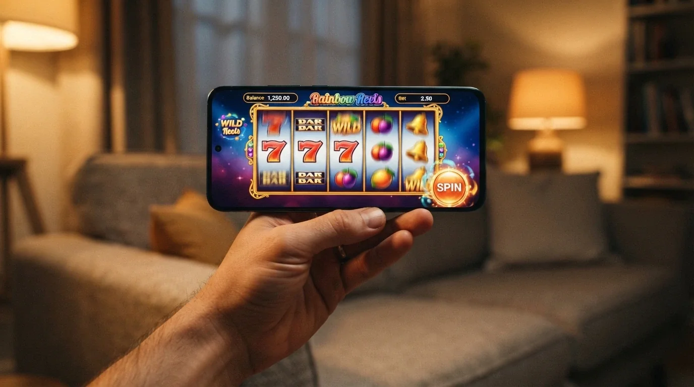 A mobile phone held in landscape orientation running a pokies game with the spin button visible