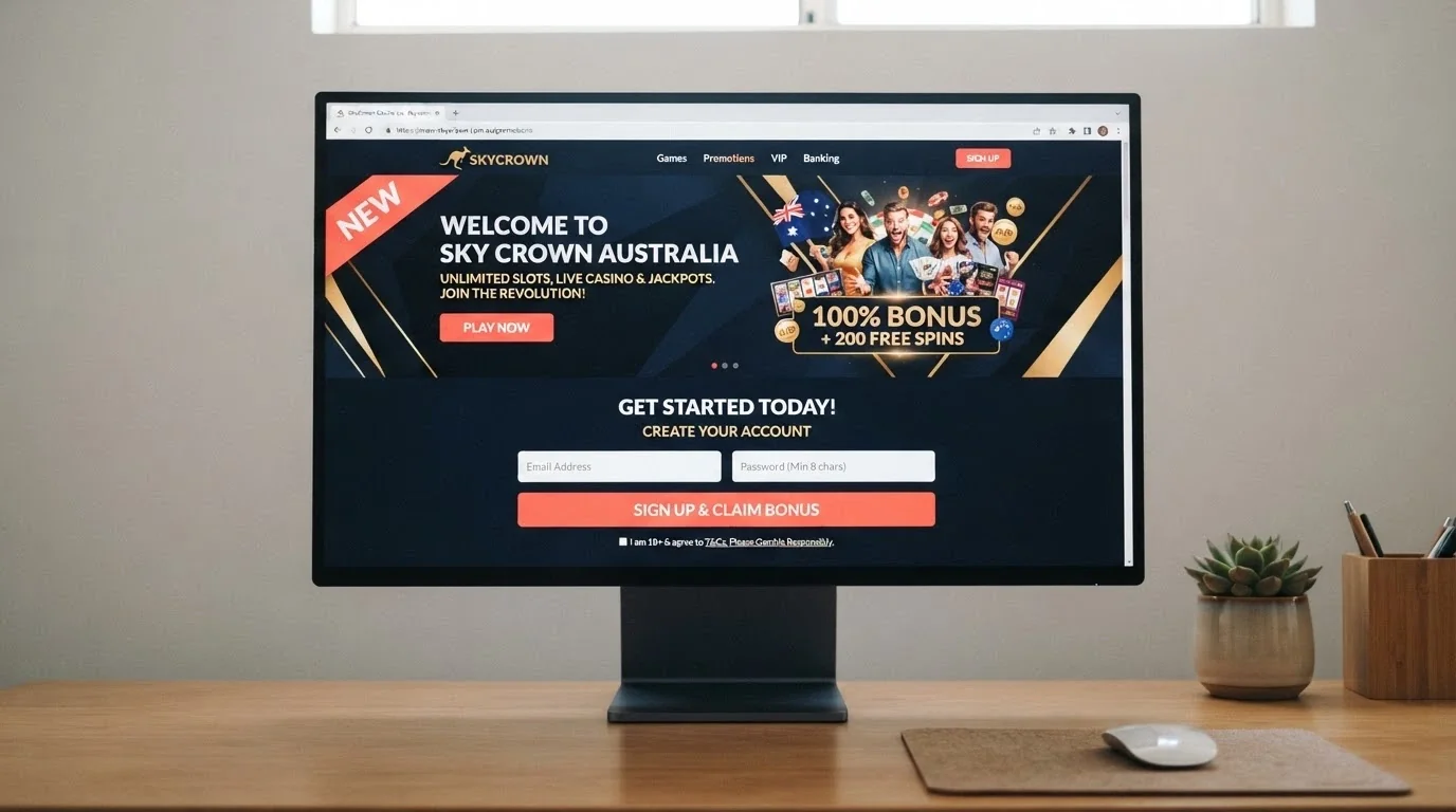 A casino welcome screen with a 'new' badge and a sign-up form, shown on a desktop browser