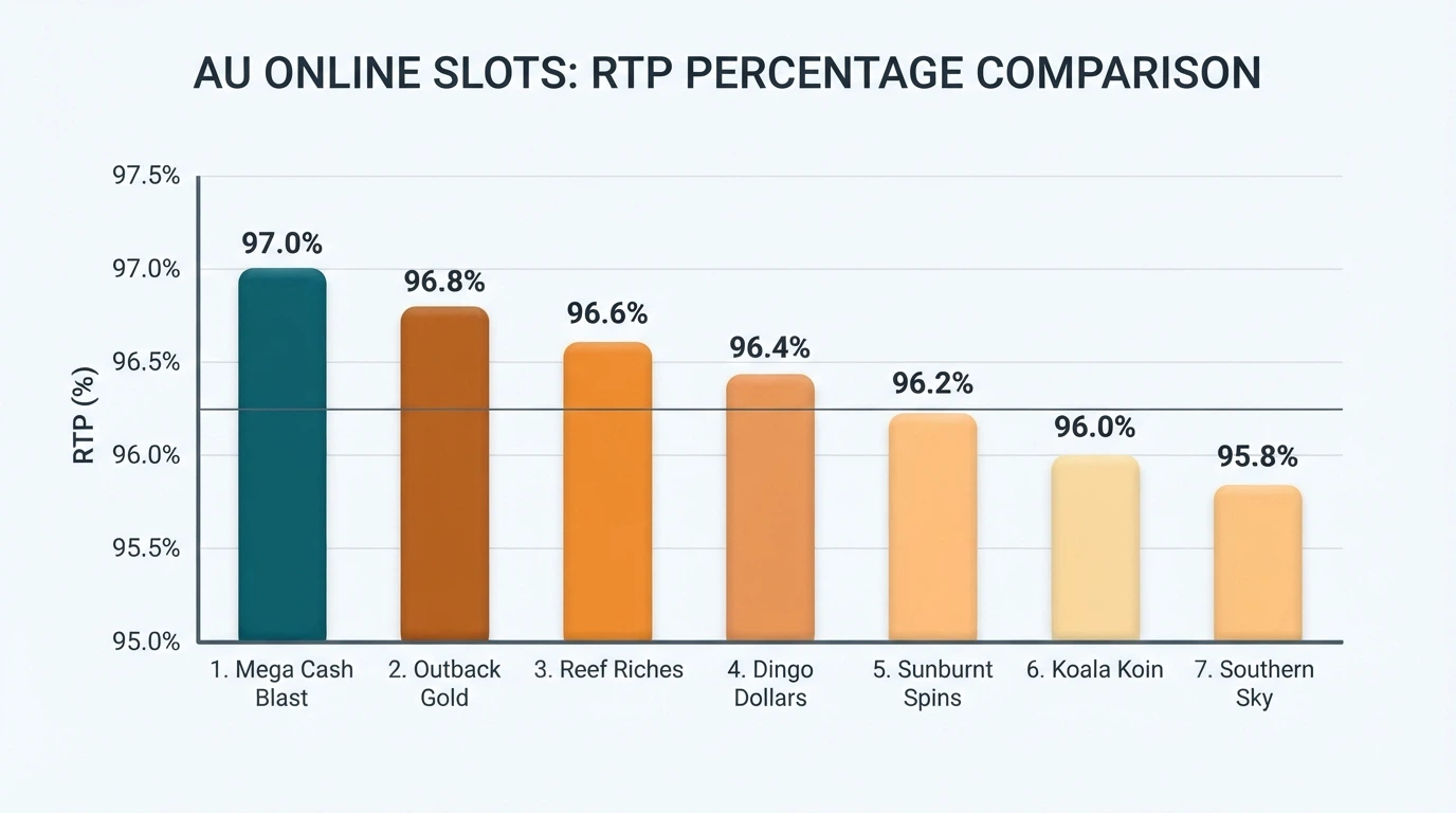 A set of Australian pokies reels in motion with RTP percentages and volatility labels overlaid